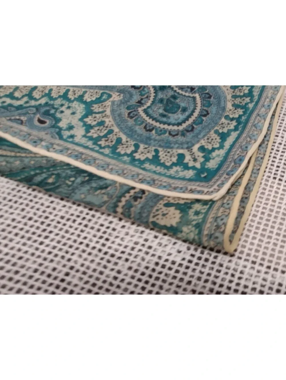 Vintage 50s 60s Silk Chiffon Scarf  Big Indian Paisley Teal Green Wide Oblong